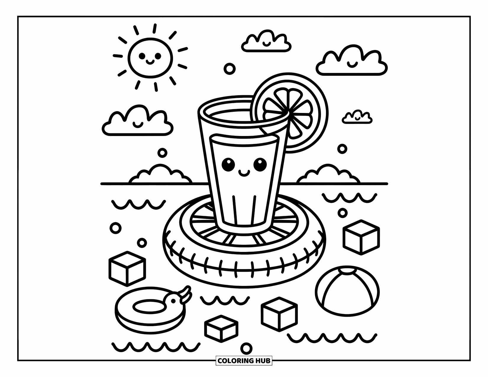 Lemonade Coloring Page for Adults: Floating lemonade glass with playful toys and smiling sunshine all around