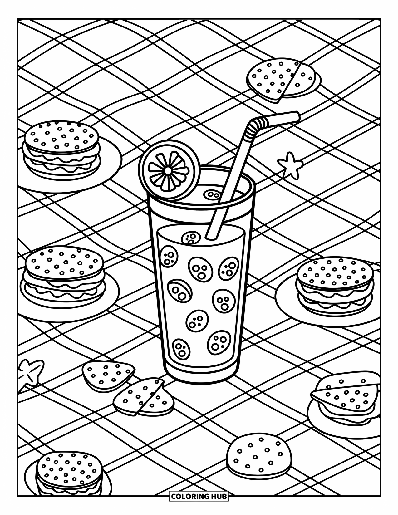 Lemonade Coloring Page for Adults: Gingham picnic blanket with lemonade, swirly straw, and tiny treats all around