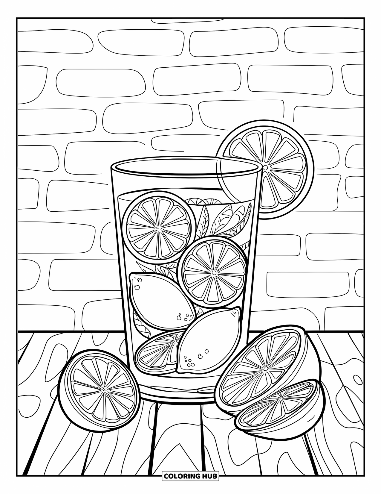 Lemonade Coloring Page for Adults: Lemonade glass on wood with lemon mandalas and a rustic wall behind