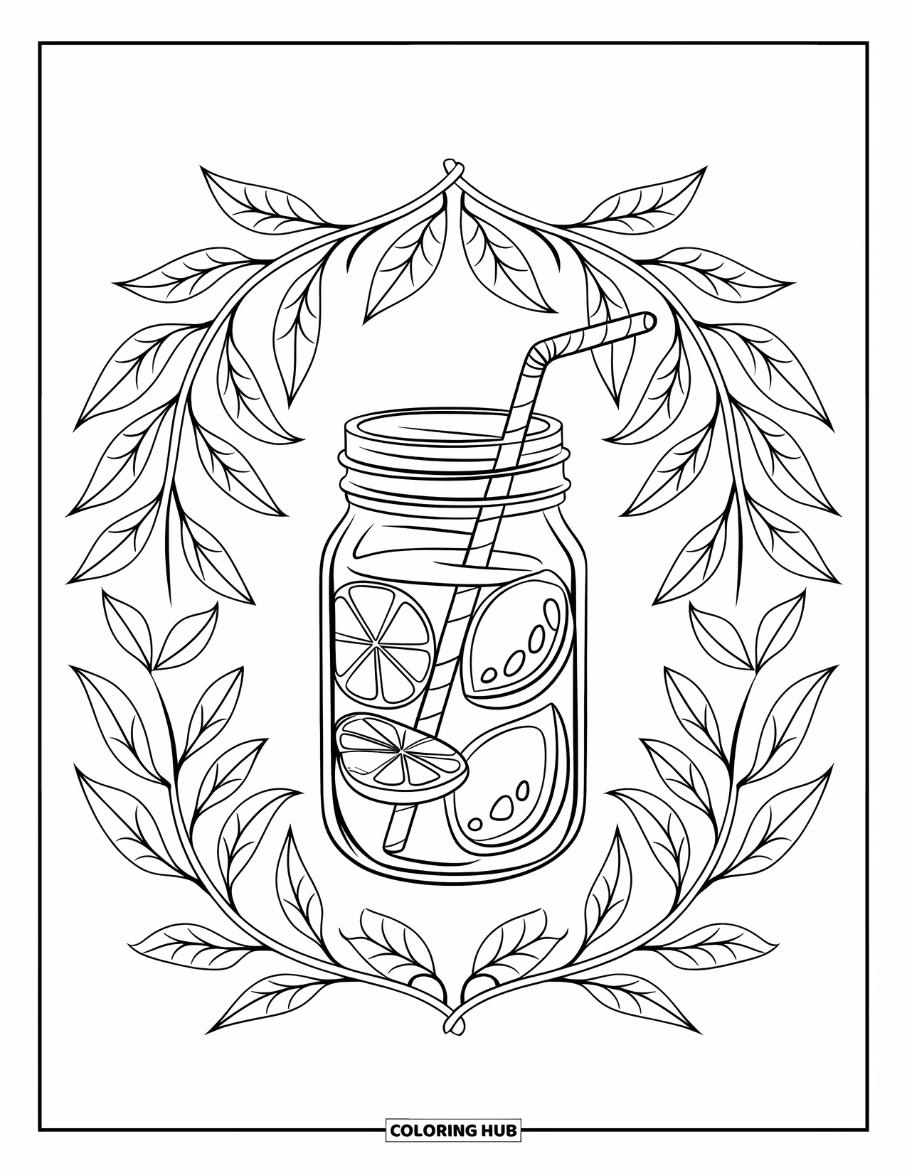 Lemonade Coloring Page for Adults: Mason jar of lemonade with lemon slices framed by botanical leaves