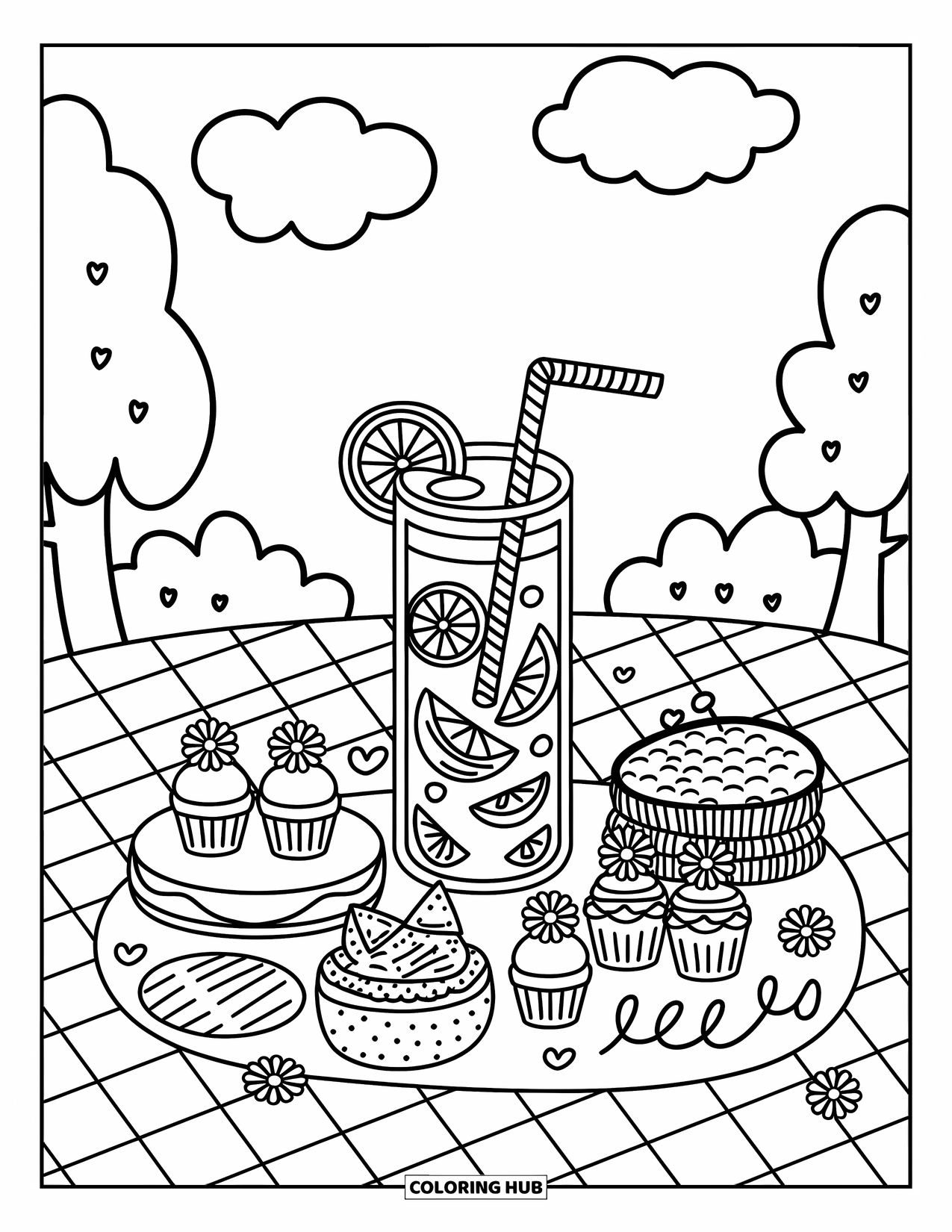 Lemonade Coloring Page for Adults: Picnic scene with lemonade, tiny snacks, and flowers in a cozy, hand-drawn style