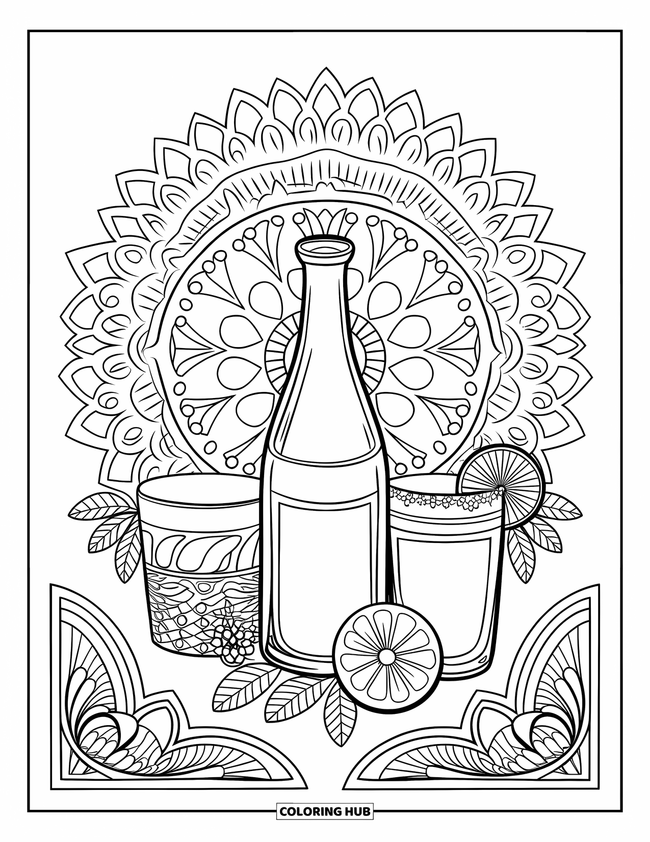 Lemonade Coloring Page for Adults: Vintage lemonade bottle and glass with floral lace filling the page