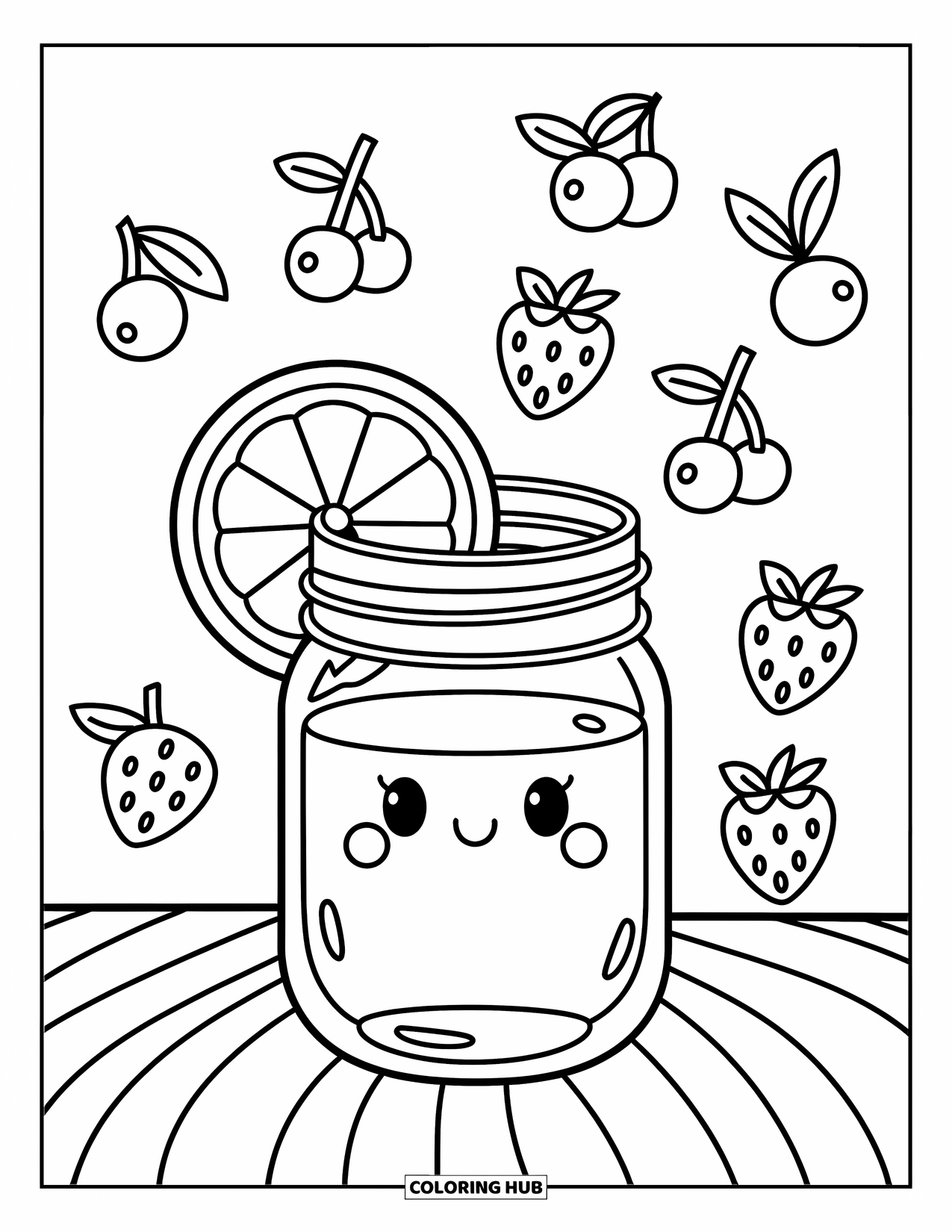 Lemonade Coloring Page for Adults: Whimsical mason jar with a lemon slice and floating cherries, blueberries, and strawberries