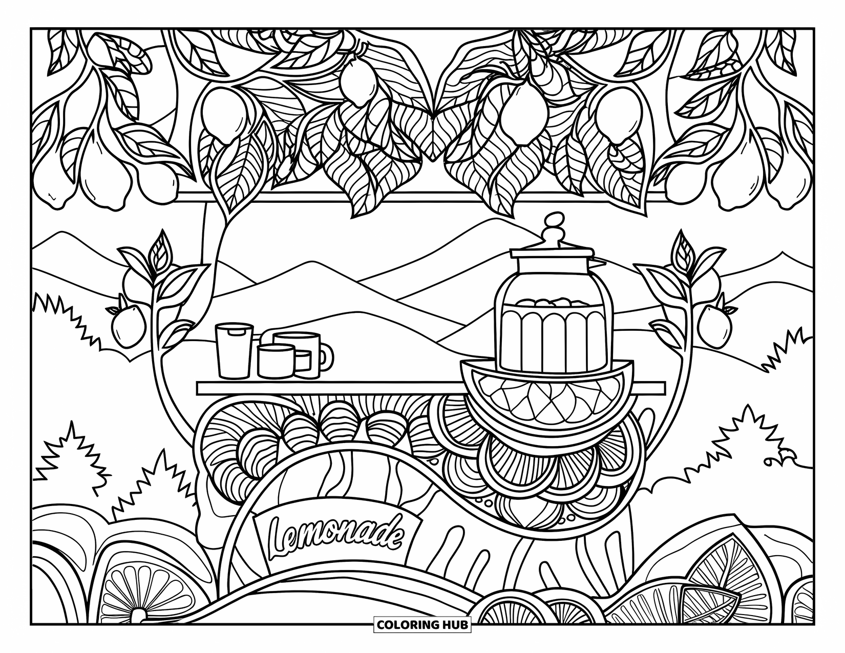 Lemonade Coloring Page for Adults: Wooden lemonade stand beneath lemon trees with swirling leafy mandala details