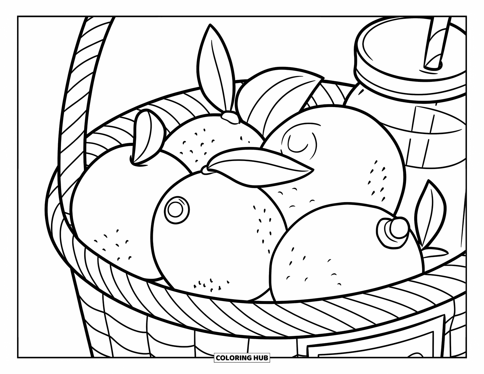 Lemonade Coloring Page for Kids: Basket of lemons and oranges with a lemonade jar beside it