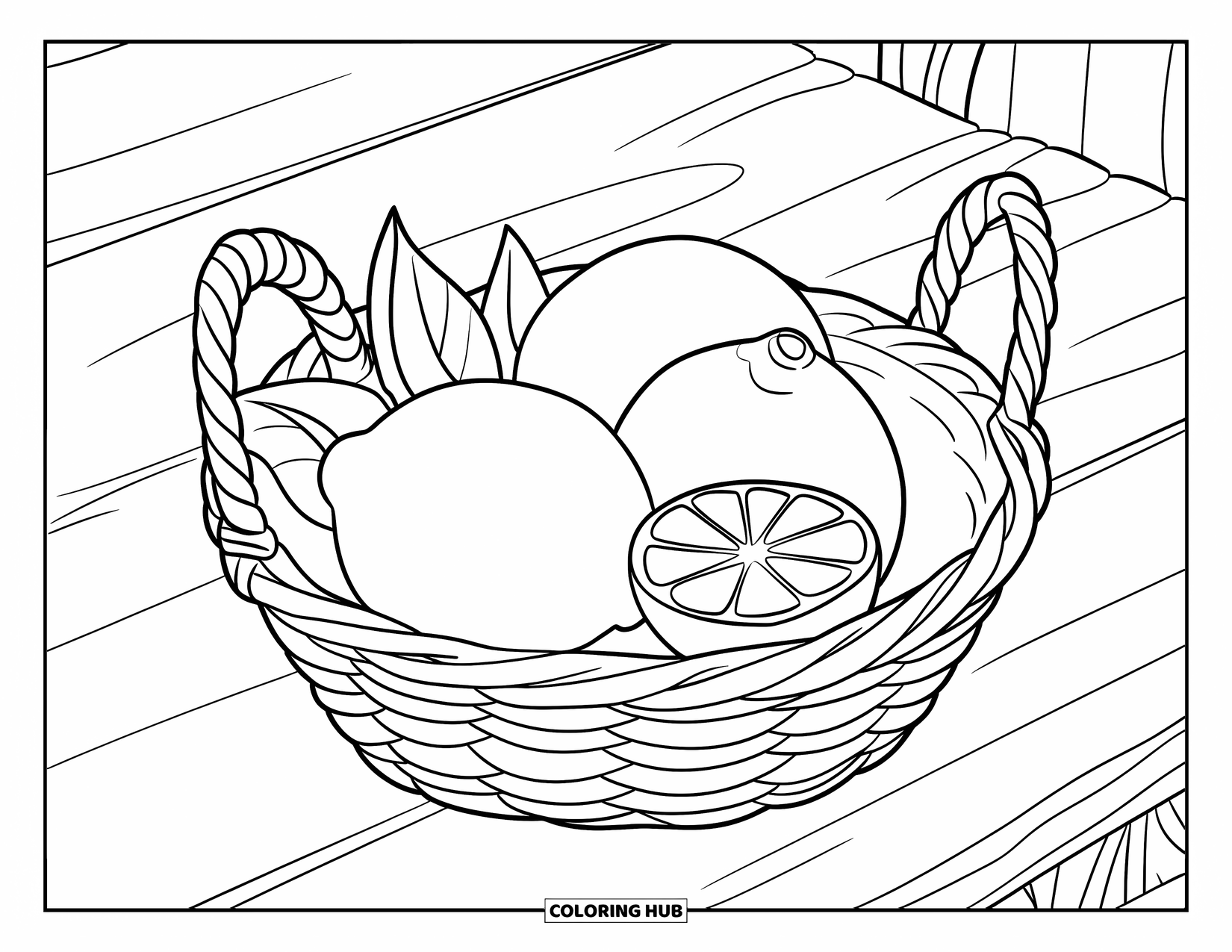 Lemonade Coloring Page for Kids: Basket of three lemons and one slice sits on a wooden surface