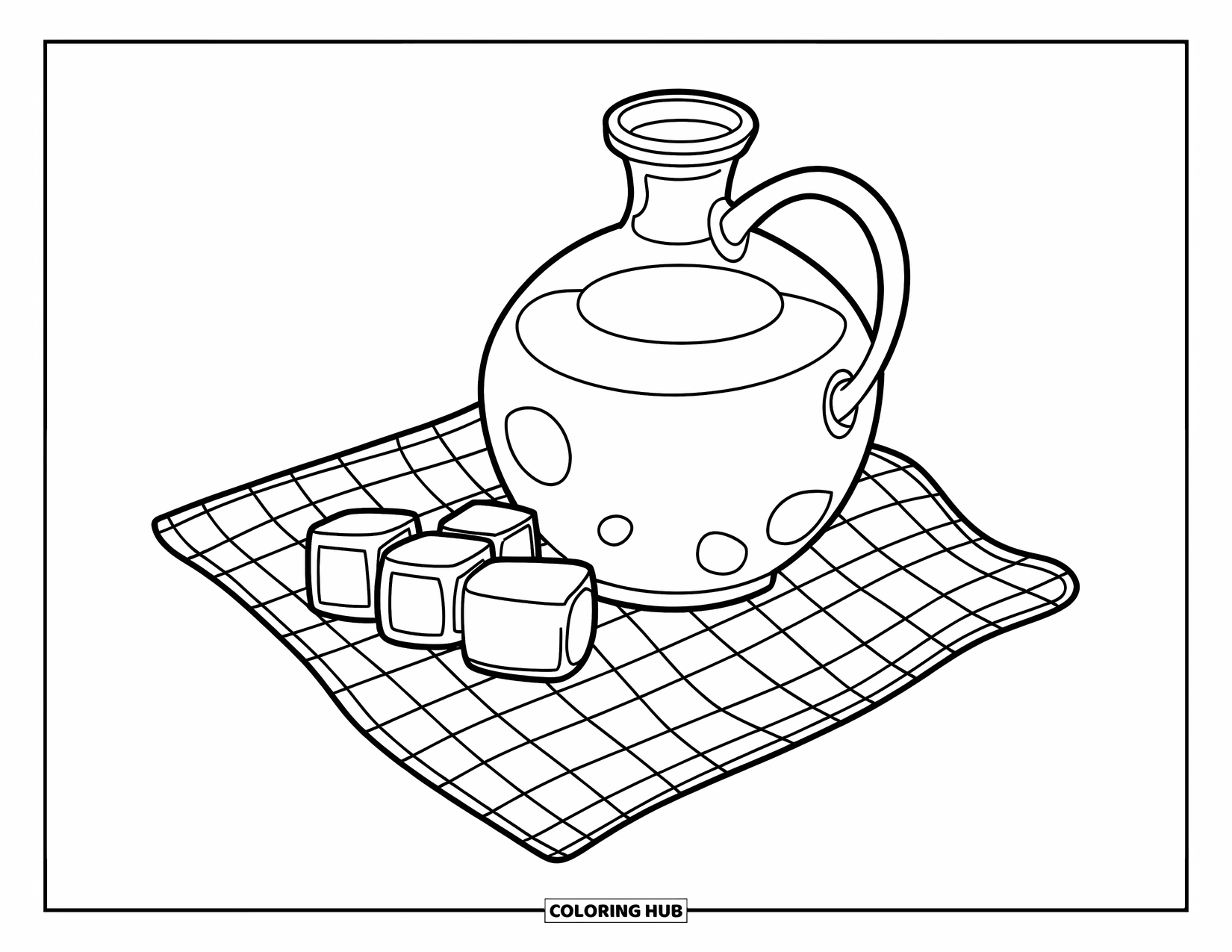 Lemonade Coloring Page for Kids: Big lemonade jug and ice cubes sit on a checkered cloth