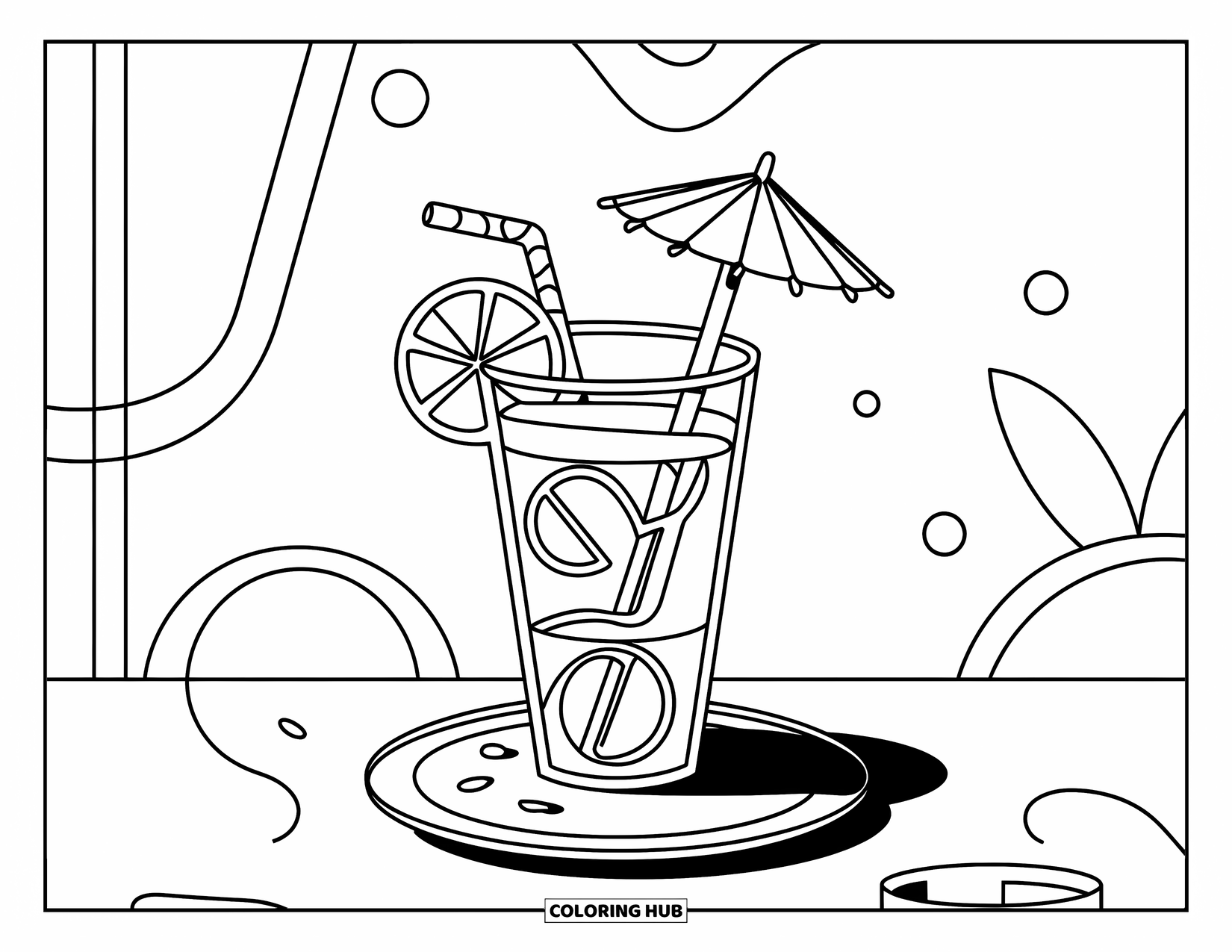 Lemonade Coloring Page for Kids: Fun lemonade glass with a plate of crumbs and dotted background