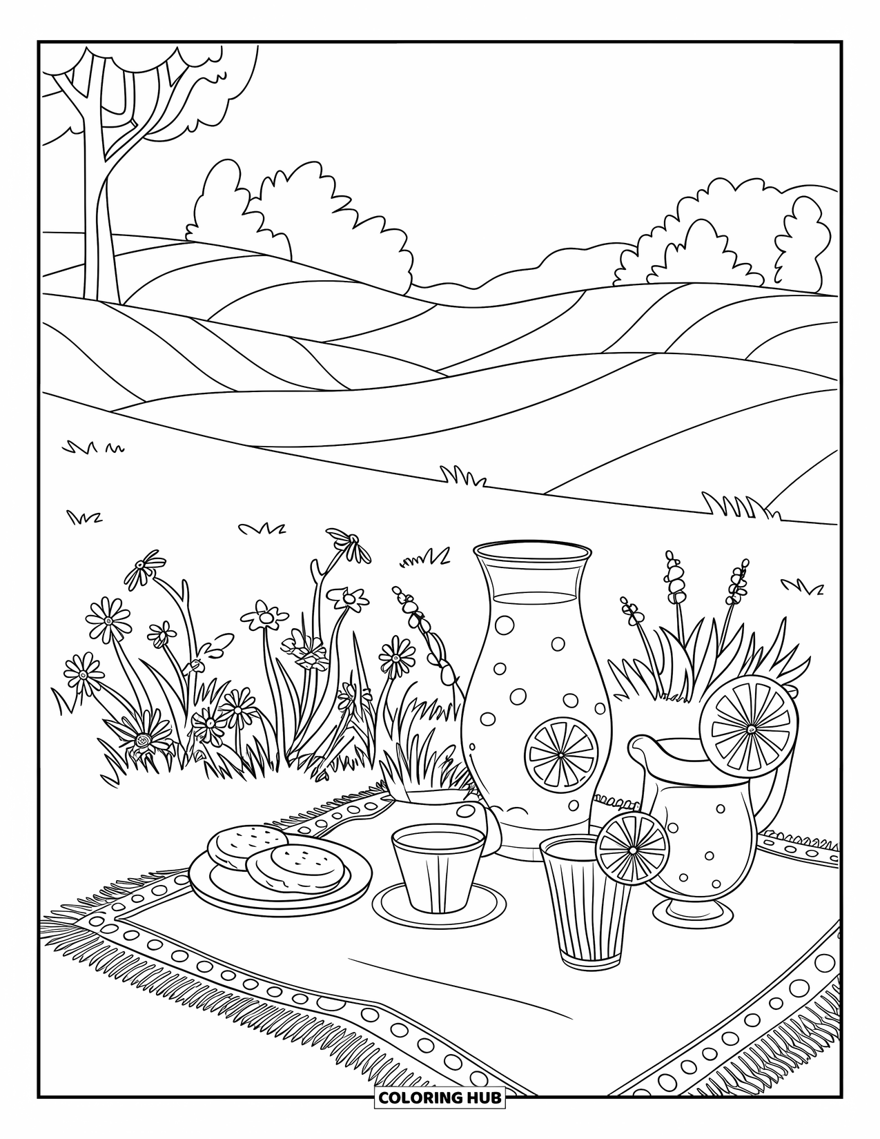 Lemonade Coloring Page for Kids: Glasses and pitcher of lemonade sit on a picnic cloth with trees nearby
