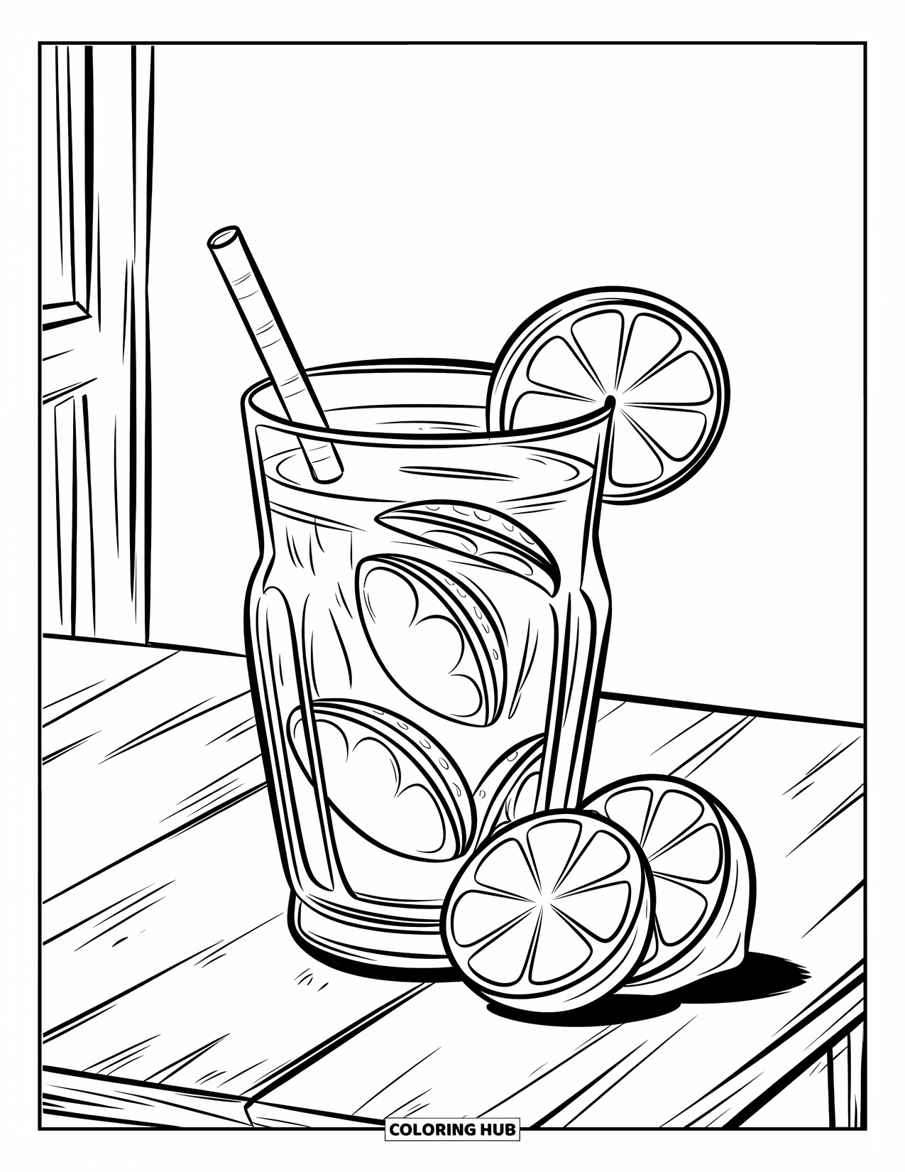 Lemonade Coloring Page for Kids: Lemonade filled to the top with lemon slices floating inside