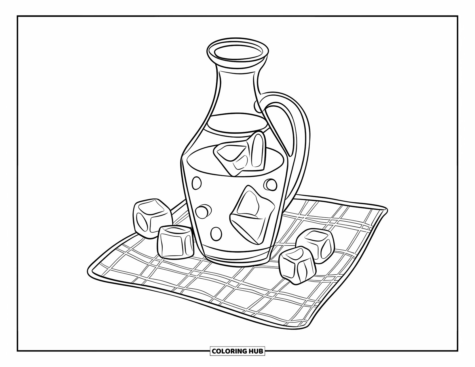 Lemonade Coloring Page for Kids: Lemonade jug sits on a gingham cloth with a few ice cubes nearby
