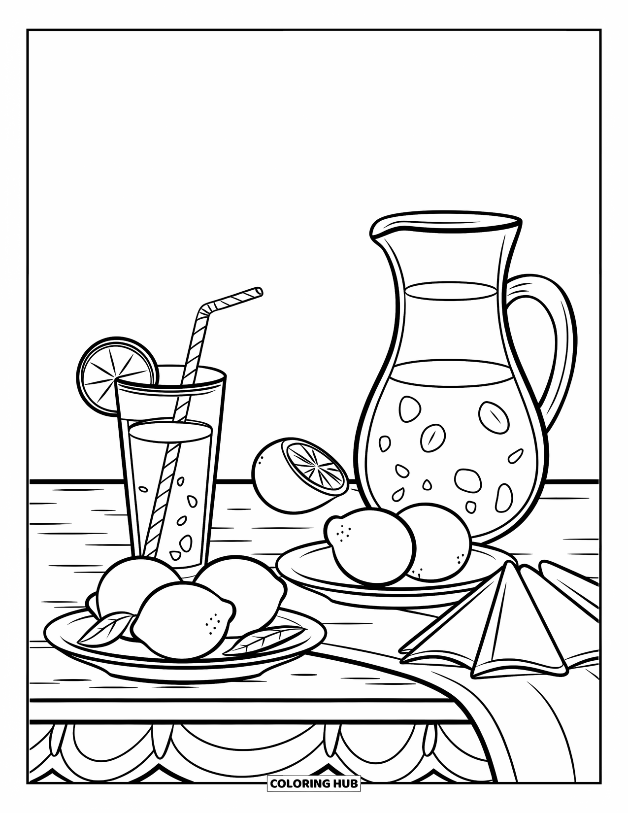 Lemonade Coloring Page for Kids: Lemonade, lemons, and napkins neatly arranged on a sunny picnic table