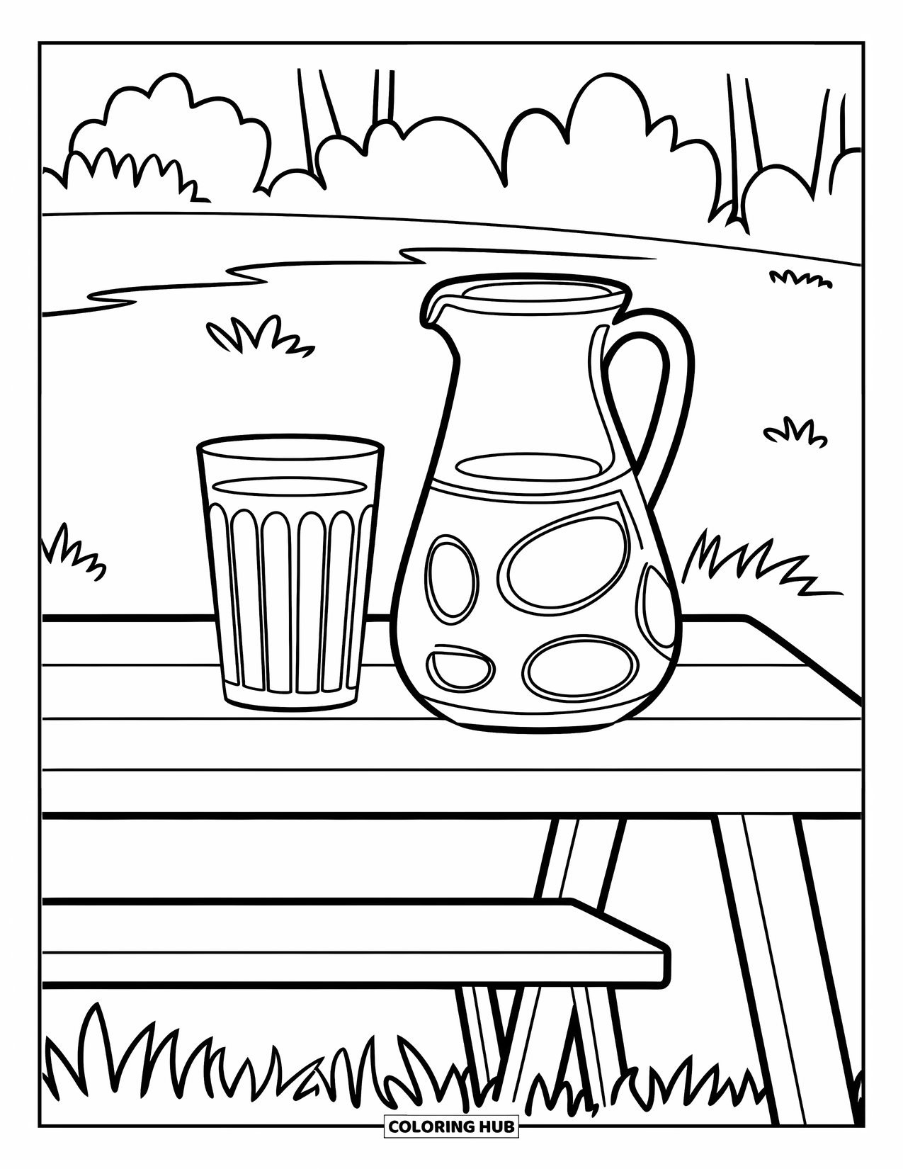 Lemonade Coloring Page for Kids: Lemonade pitcher and glass sit on a field table with trees nearby