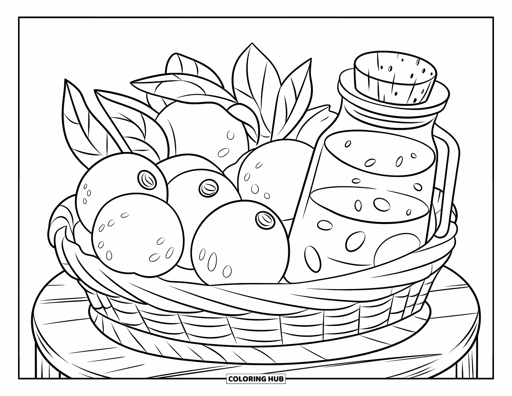 Lemonade Coloring Page for Kids: Lemons, oranges, and a jar sit on a wooden stand with clean lines
