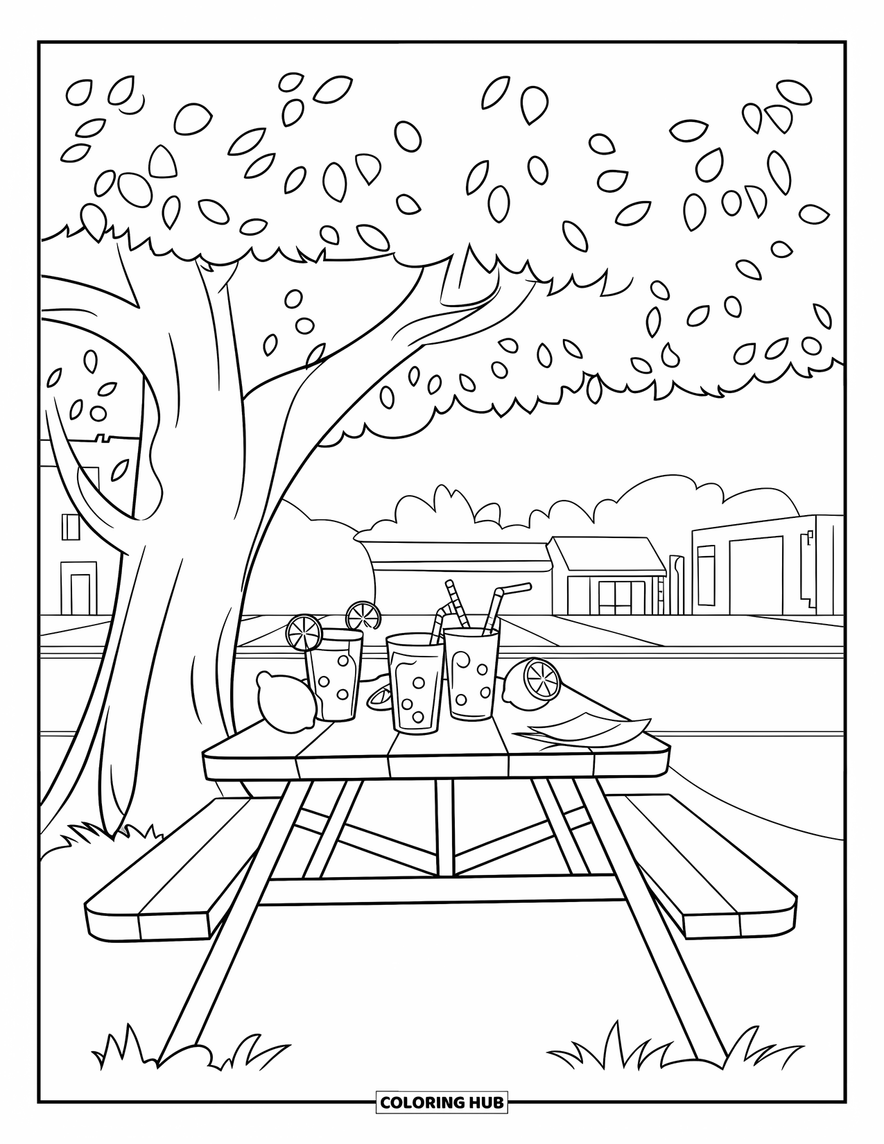 Lemonade Coloring Page for Kids: Picnic table filled with lemonade drinks and lemons under leafy tree shade