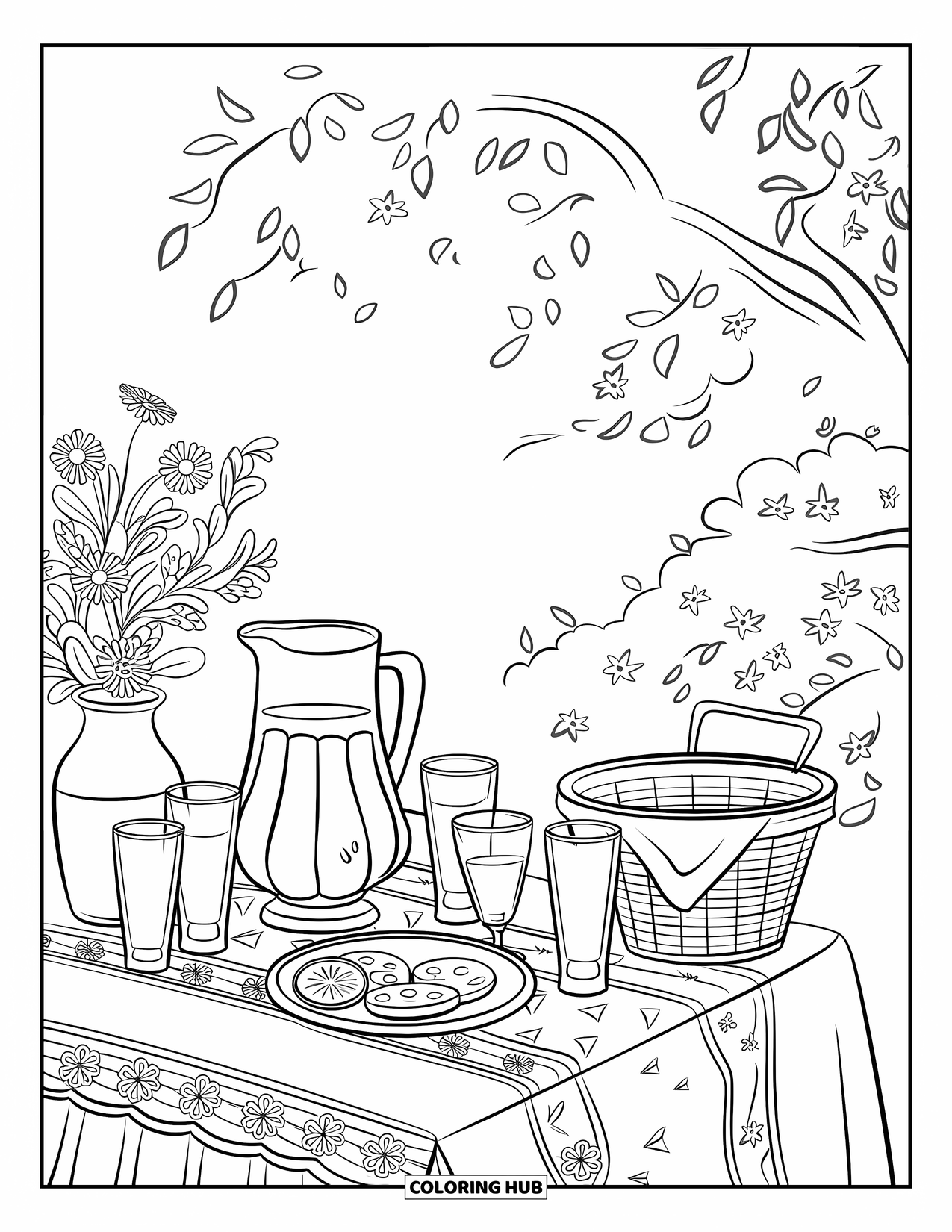 Lemonade Coloring Page for Kids: Picnic table with lemonade, wildflowers, and a plate of cookies