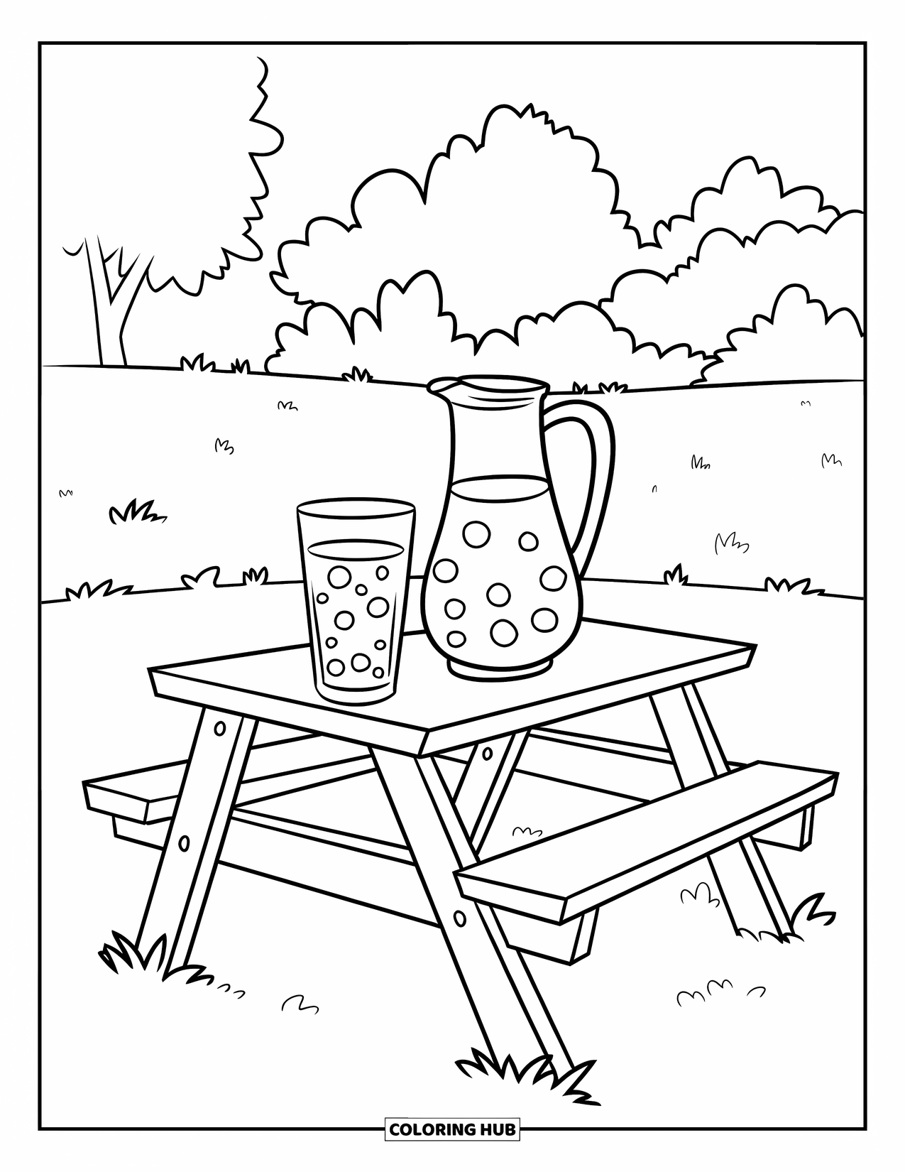 Lemonade Coloring Page for Kids: Pitcher and glass of lemonade on a picnic table in a grassy field