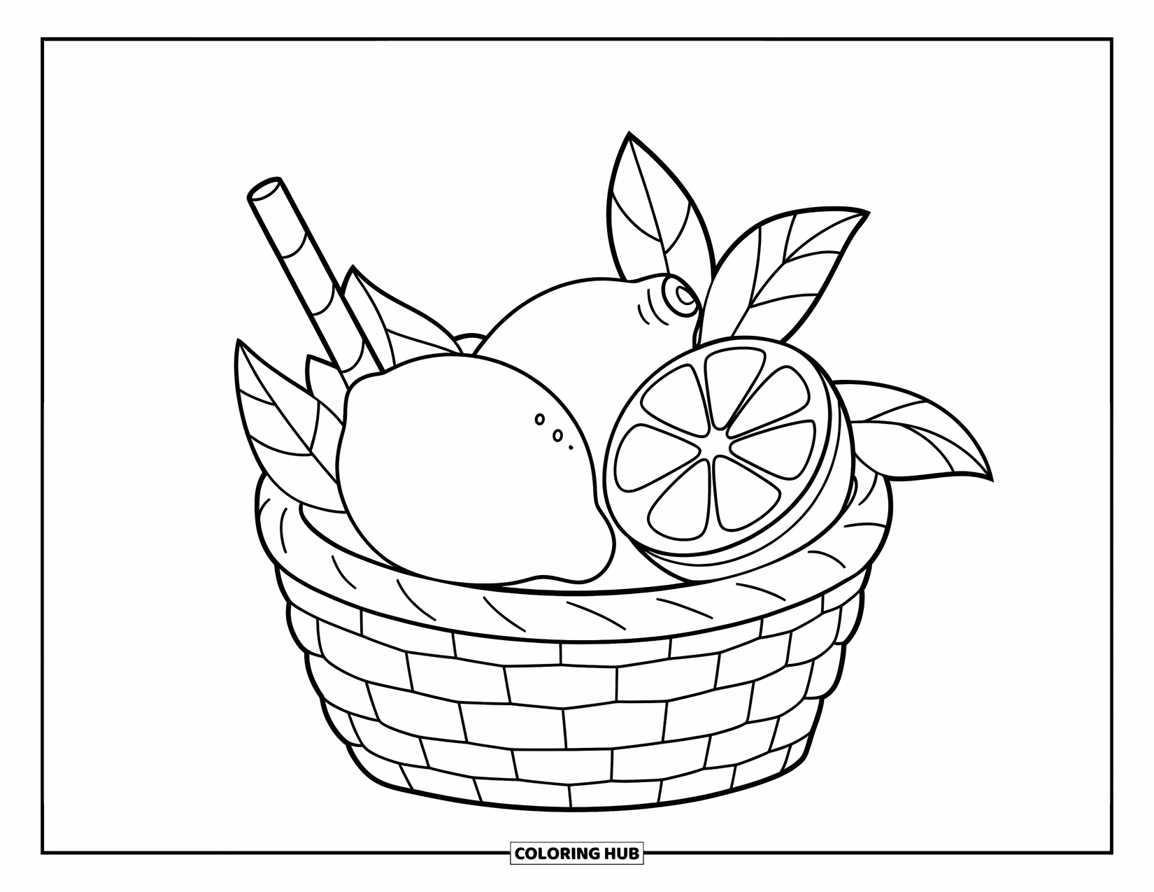 Lemonade Coloring Page for Kids: Simple lemon basket with a straw and one sliced lemon