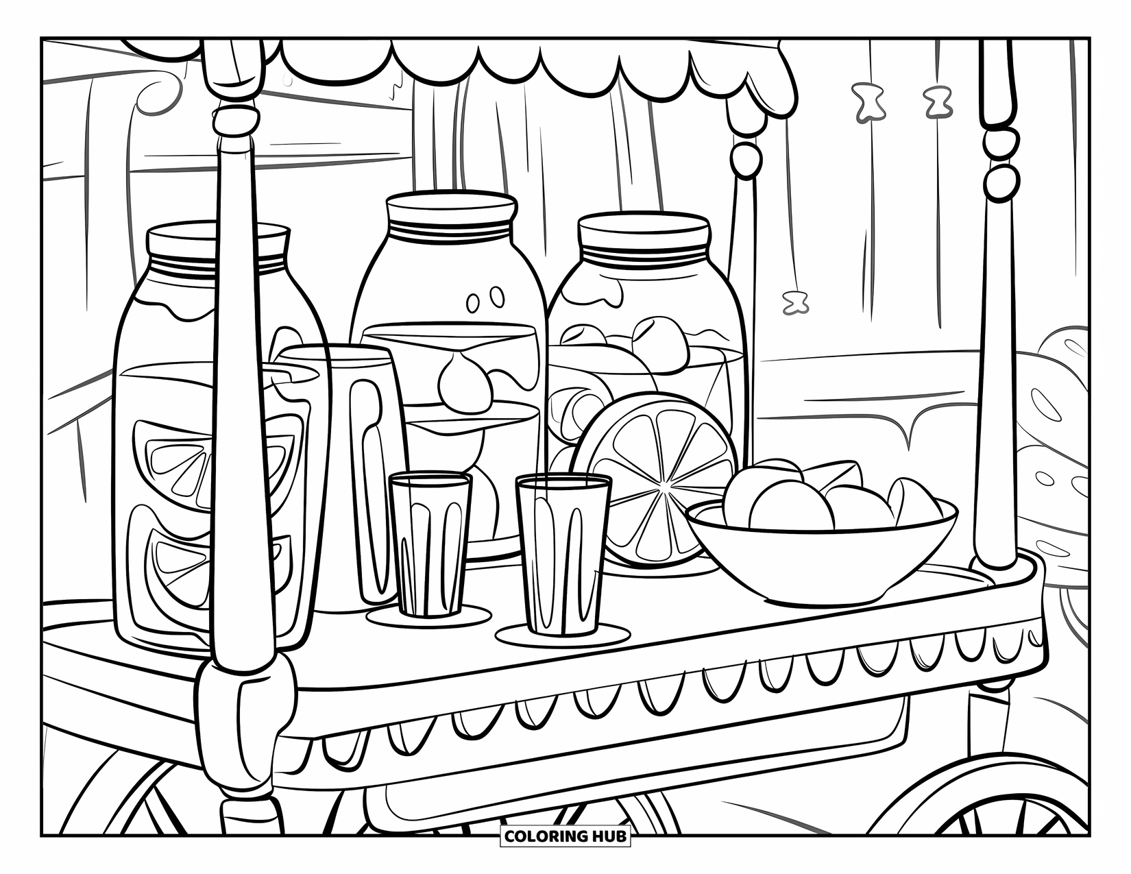 Lemonade Coloring Page for Kids: Vintage-style lemonade bar cart glows in a warm and cozy room
