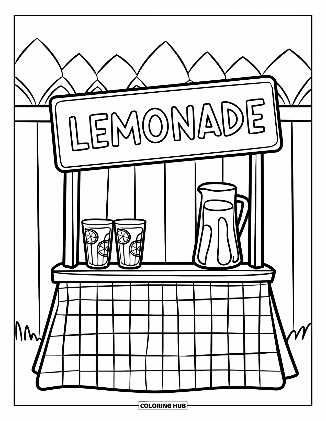 Lemonade Coloring Page for Kids: Wooden lemonade stand with glasses, pitcher, and checkered cloth