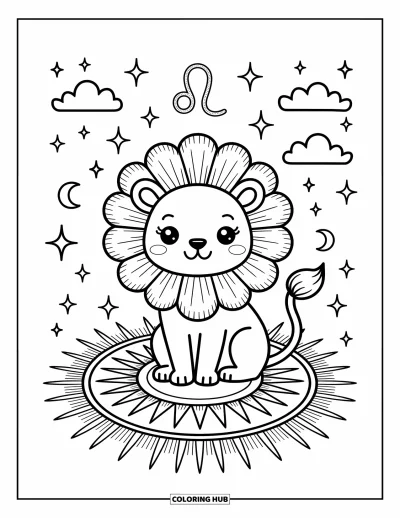 Kleurplaat van Leo voor volwassenen: Lief leeuwtje op een hemels kleed met sterren, wolken en de Leo-glyph