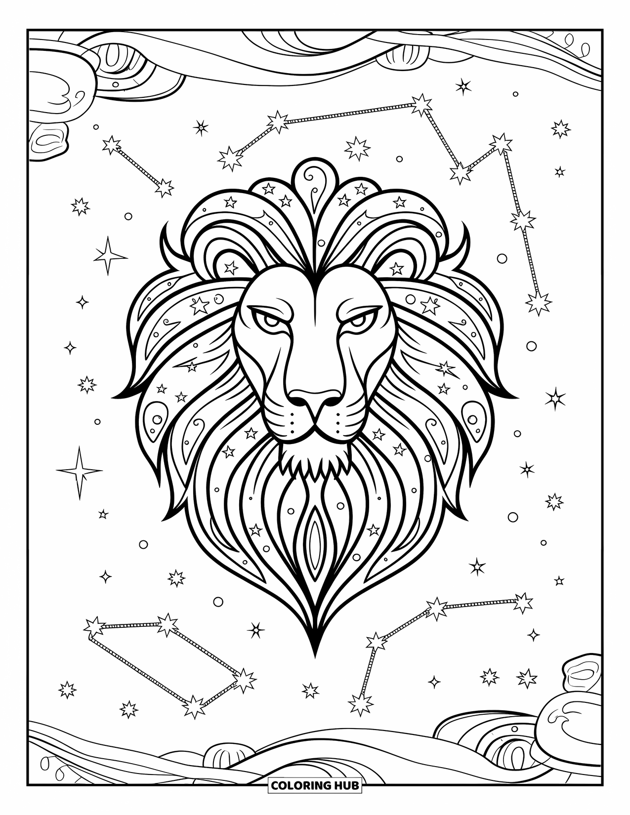 Leo Coloring Page for Adults: Crowned lion head wrapped in stars and Leo constellation swirls