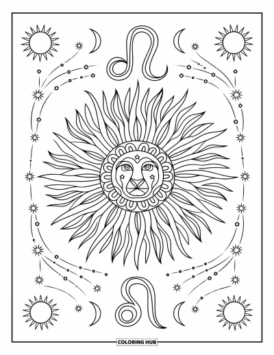 Kleurplaat van Leo voor volwassenen: Bloemrijke zon straalt vanuit het Leo-symbool, omgeven door sterren en manen