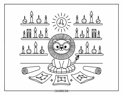 Kleurplaat van Leo voor volwassenen: Leeuw met bril leest rollen in een gezellige astrologiekamer met gloeiende Leo-bol
