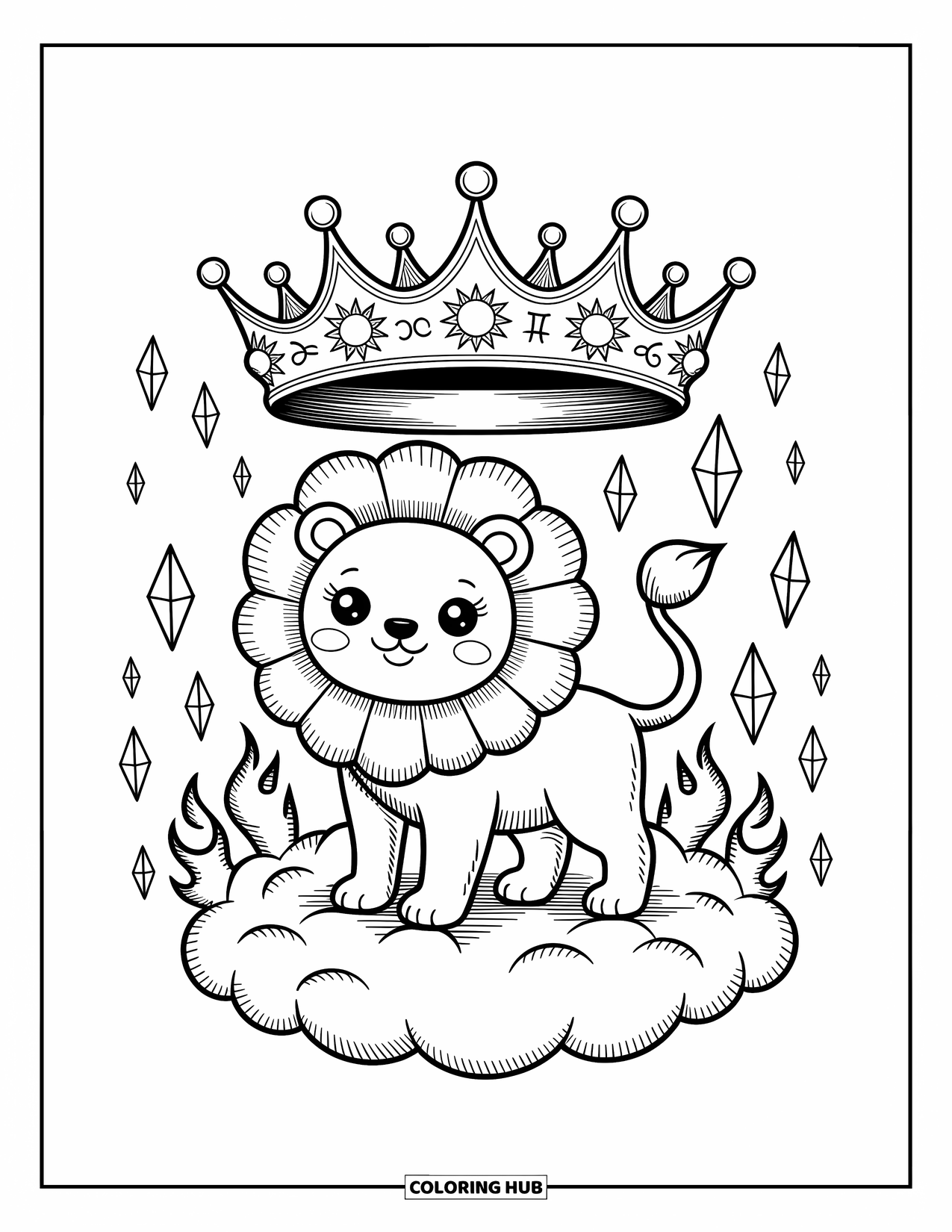 Leo Coloring Page for Adults: Kawaii lion on a cloud with flickering flames and a crown of zodiac glyphs