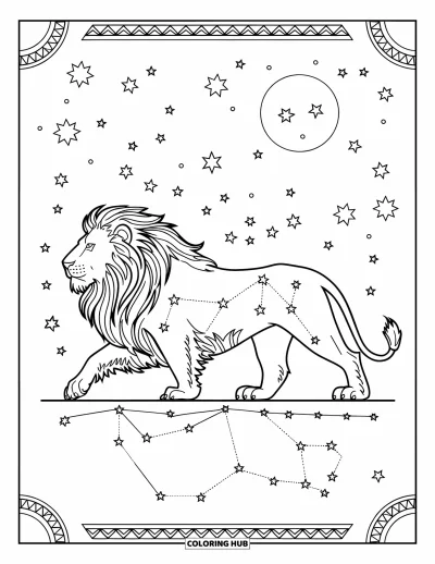 Kleurplaat van Leo voor volwassenen: Leo-sterrenbeeld tekent een leeuw die door sterren en planeten loopt met sierlijke randen