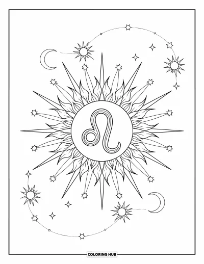 Kleurplaat van Leo voor volwassenen: Leo-symbool gloeit in het midden van een bloemrijke zon met sterren en manen