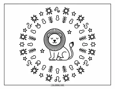 Kleurplaat van Leo voor volwassenen: Serene leeuw in een mandala gevuld met schattige sterren, zonnen en Leo-tekens