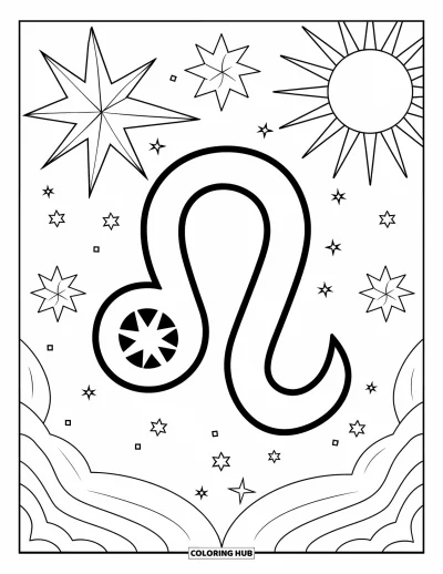 Kleurplaat van Leo voor kinderen: Stoer Leo-symbool met krullende manen en vijf heldere sterren