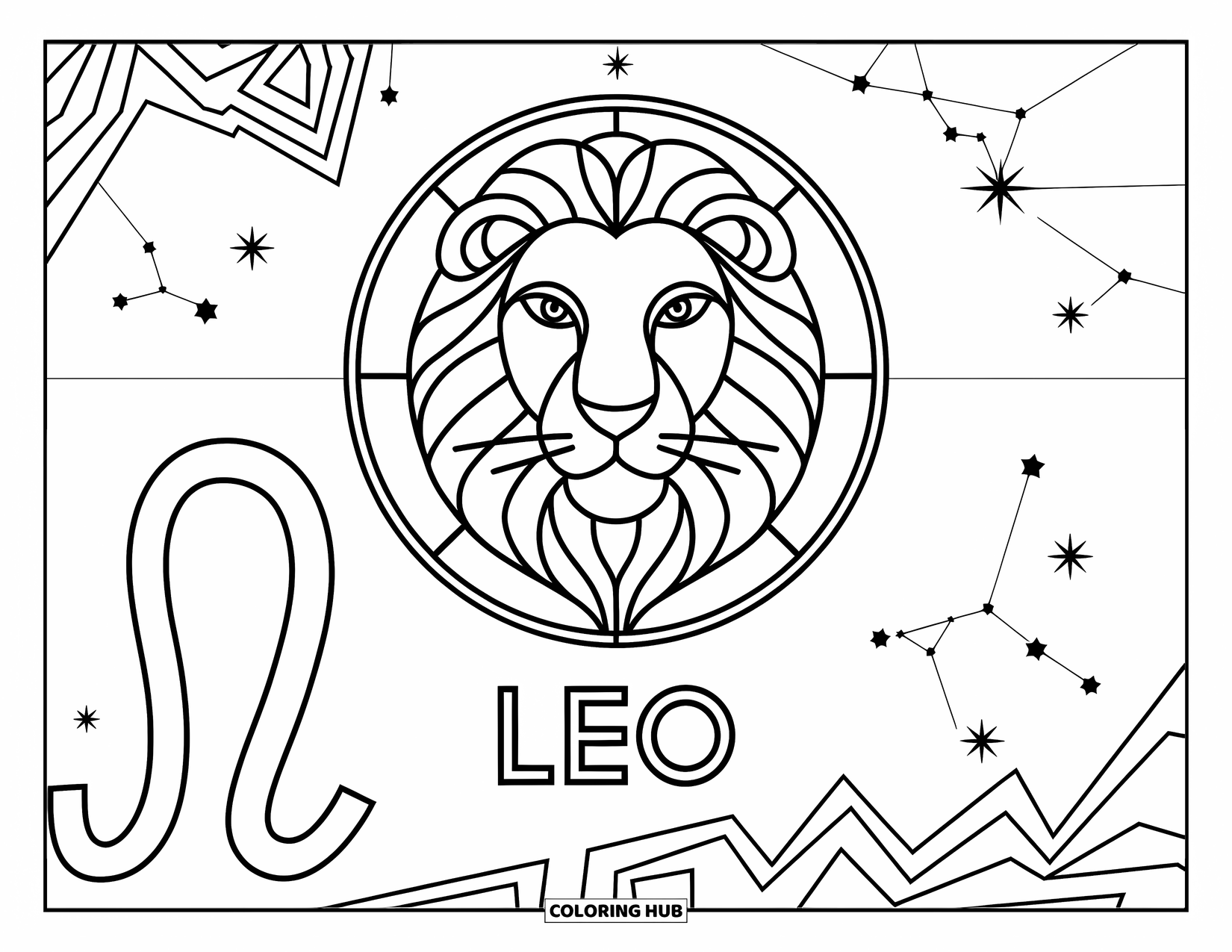 Leo Coloring Page for Kids: Celestial lion head inside a large circle with Leo symbol