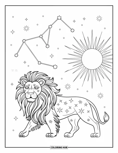 Kleurplaat van Leo voor kinderen: Hemelse leeuw wandelt onder de Leo-sterren en een stralende zon