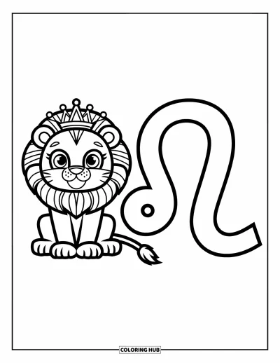 Kleurplaat van Leo voor kinderen: Gekroonde leeuw met het scherpe Leo-teken
