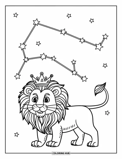 Kleurplaat van Leo voor kinderen: Gekroonde leeuw onder een groot Leo-sterrenbeeld aan de hemel
