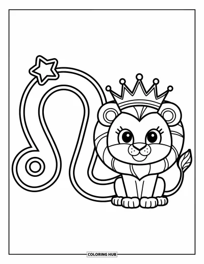 Kleurplaat van Leo voor kinderen: Gekroonde leeuw met Leo-symbool en een ster erboven