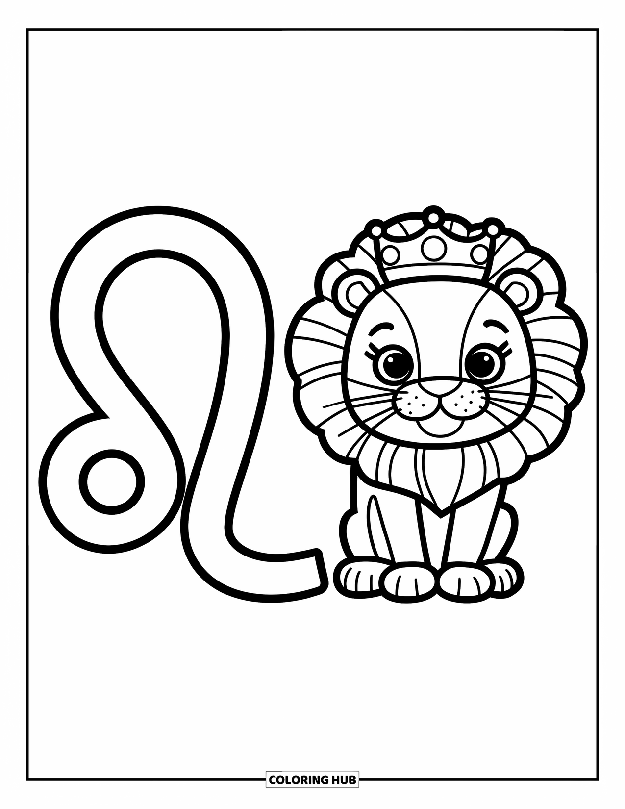 Leo Coloring Page for Kids: Cute lion with crown beside a big Leo symbol