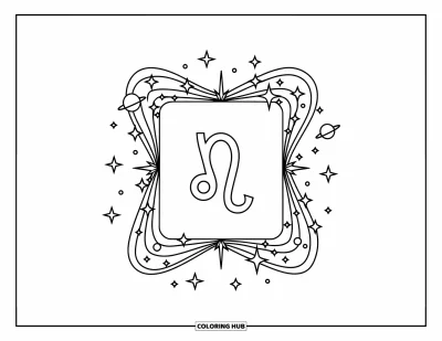 Kleurplaat van Leo voor kinderen: Melkwegkader van sterren en planeten rond de centrale Leo-glyph