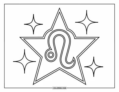 Kleurplaat van Leo voor kinderen: Grote ster met Leo-glyph en vier glinstertjes eromheen