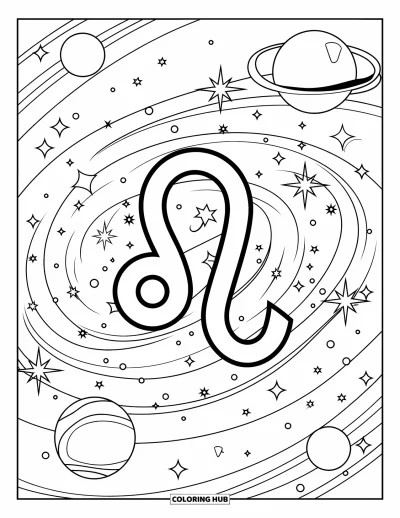 Kleurplaat van Leo voor kinderen: Leo-glyph in een melkwegwerveling met stoere, moderne contouren