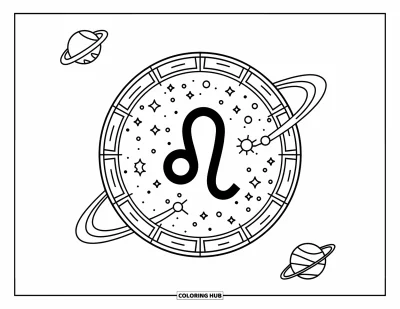 Kleurplaat van Leo voor kinderen: Leo-glyph in wervelend sterrenkader met planeetpictogrammen