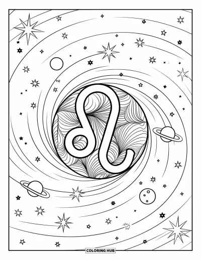 Kleurplaat van Leo voor kinderen: Leo-glyph in het midden van wervelende sterren en planeten