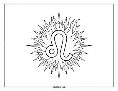 Kleurplaat van Leo voor kinderen: Leo-glyph omringd door vuur en scherpe zonnestraallijnen