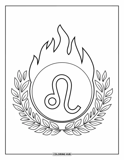 Kleurplaat van Leo voor kinderen: Leo-symbool in een vlammend medaillon met bladrand