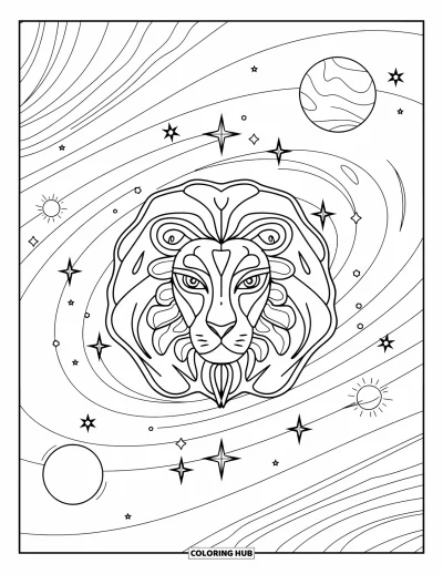 Kleurplaat van Leo voor kinderen: Leo-glyph van het sterrenbeeld in een spiraalmelkweg van sterren en planeten