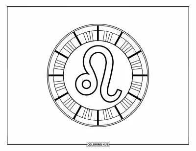 Kleurplaat van Leo voor kinderen: Leo-dierenriemwiel met strakke lijnen en een stoer centraal leeuwensymbool