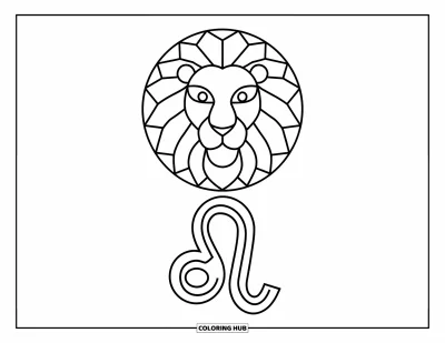 Kleurplaat van Leo voor kinderen: Leeuwenkop in een cirkel met een Leo-glyph eronder