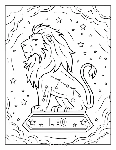 Kleurplaat van Leo voor kinderen: Majestueuze leeuw op een sterrenbaldakijn met sterrenbeeld in het lichaam